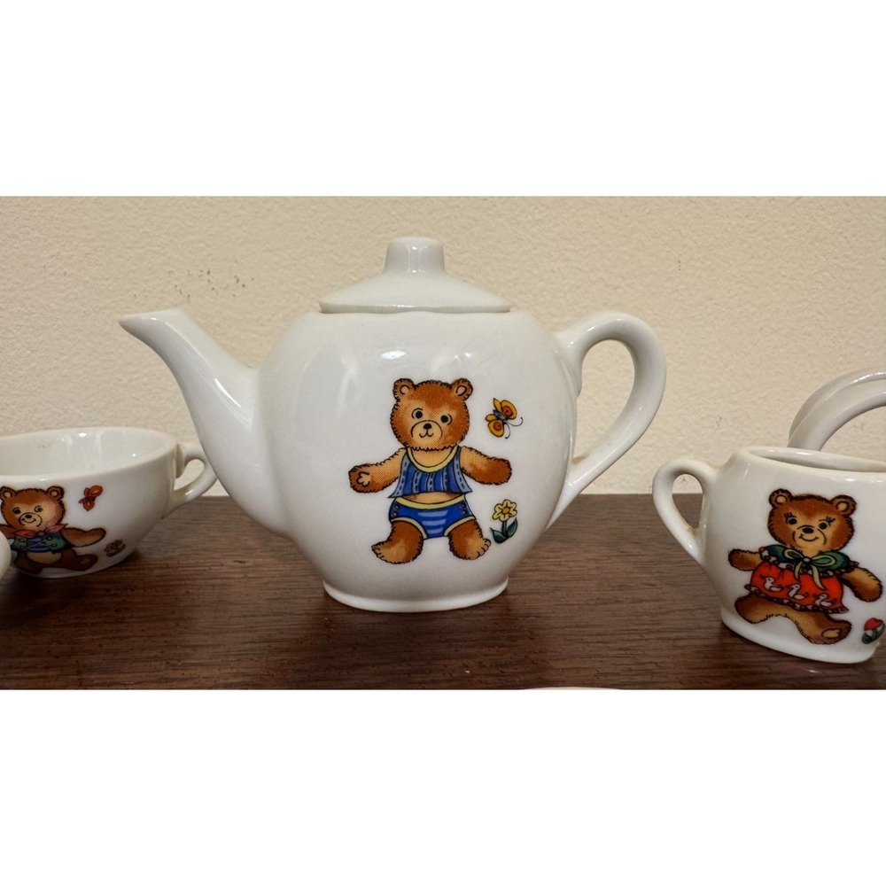 Vintage 1980s Miniature Porcelain Teddy Bears in Bathing Suits Tea Set Japan 19p